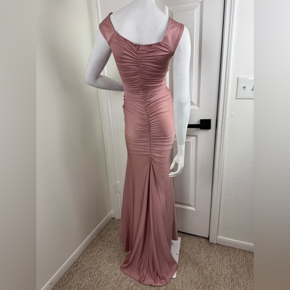 Blue. S Nude Pink Off Shoulder Ruched Jersey Slit Mermaid Dress Size M #137 - Picture 12 of 15